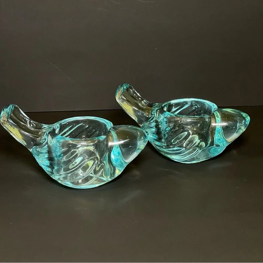 Crate & Barrel Tweet Votive Candle Holders Aqua Glass Birds Set of 2